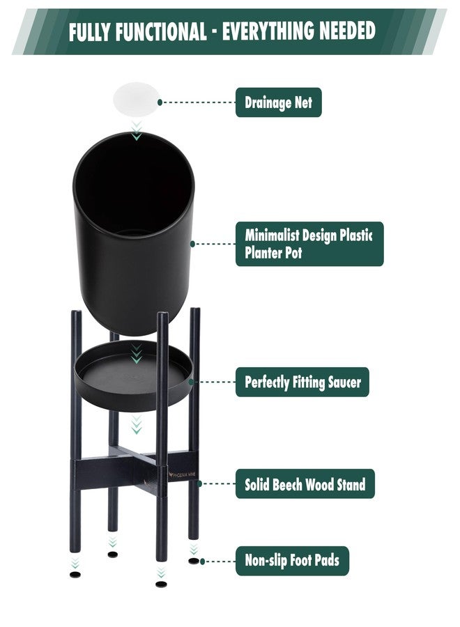 D'vine Dev Planter Pot with Stand - 8 Inch Plastic Cylinder Flower Pot with Wood Planter Holder for Indoor, Matte Black Pot + Ebony Stand, 55-C-M-2 - Image 5