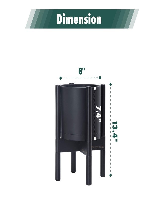 D'vine Dev Planter Pot with Stand - 8 Inch Plastic Cylinder Flower Pot with Wood Planter Holder for Indoor, Matte Black Pot + Ebony Stand, 55-C-M-2 - Image 3
