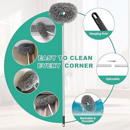 Heonay Ceiling Fan Cleaner Duster Reusable Microfiber Ceiling Fan Blade Cleaner Removable Duster with Extension Pole Adjusts 13 to 49.7 Inch for Cleaning Walls Bookshelves Furniture Door Window Top (Gray) - Image 3