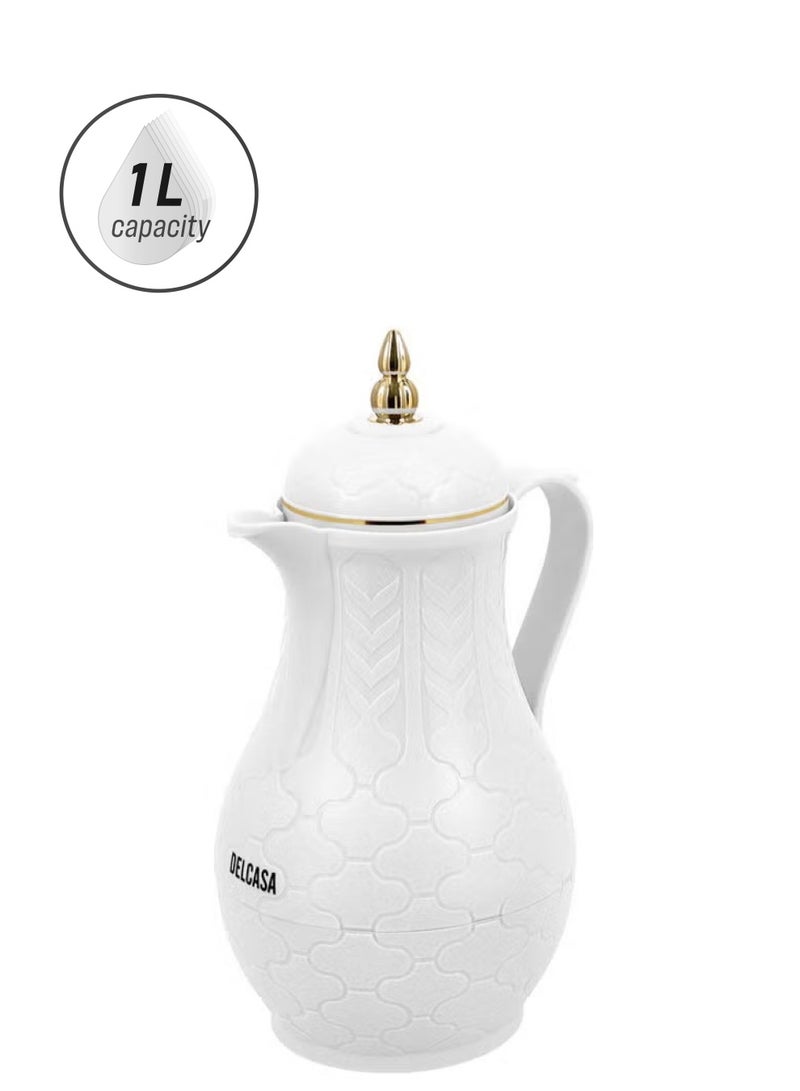 DELCASA Double Wall Vacuum FlasK Asbestos Free Pink Glass Inner Portable Durable Comfortable Handle And Lid Premium Quality PP Outer Body White 1Liters - Image 1