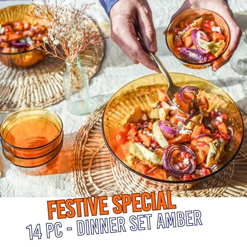Duralex France 14 Piece Tempered Glass Solid Dinner Set | 3X Stronger & Durable | Microwave & Dishwasher Safe | Ultra Scratch Resistant | Amber (Gold) | for Dining & Gifting - Image 5