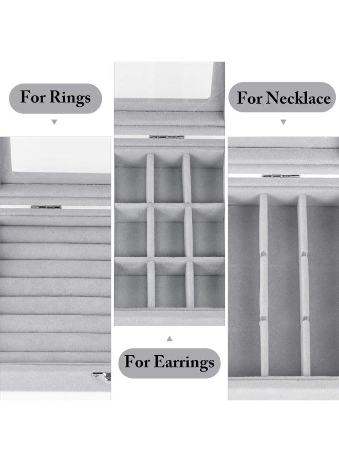صندوق مجوهرات مع اغطية زجاجية علبة بـ9 فتحات مربعة لتخزين المجوهرات وتنظيمها للنساء من ليكون مناسب للسفر ويمكن استخدامها لحفظ الخواتم والقلائد والاقراط شفاف رمادي - Image 2