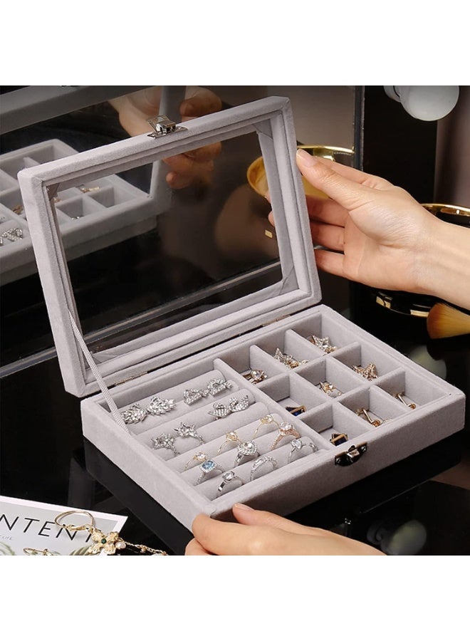 صندوق مجوهرات مع اغطية زجاجية علبة بـ9 فتحات مربعة لتخزين المجوهرات وتنظيمها للنساء من ليكون مناسب للسفر ويمكن استخدامها لحفظ الخواتم والقلائد والاقراط شفاف رمادي - Image 3