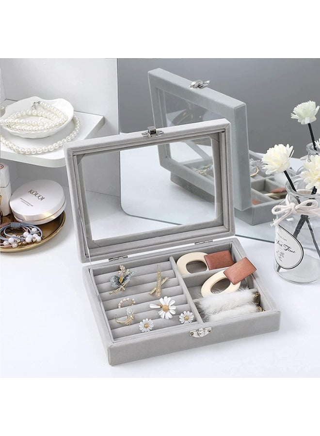 صندوق مجوهرات مع اغطية زجاجية علبة بـ9 فتحات مربعة لتخزين المجوهرات وتنظيمها للنساء من ليكون مناسب للسفر ويمكن استخدامها لحفظ الخواتم والقلائد والاقراط شفاف رمادي - Image 4