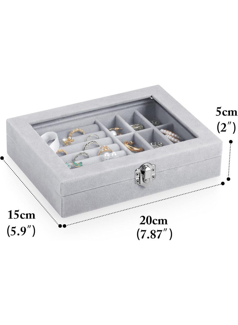 صندوق مجوهرات مع اغطية زجاجية علبة بـ9 فتحات مربعة لتخزين المجوهرات وتنظيمها للنساء من ليكون مناسب للسفر ويمكن استخدامها لحفظ الخواتم والقلائد والاقراط شفاف رمادي - Image 5