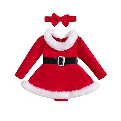 Bonangber Newborn Baby Girl Christmas Outfit Santa Claus Romper Dress Long Sleeve Princess Dress Red Christmas Dress(A-Red,0-6 Months) - Image 1