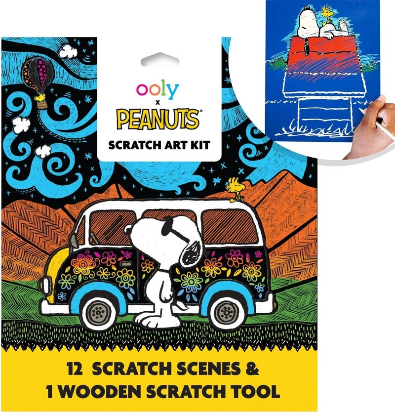 Ooly X Peanuts Scratch Art Kit - 12 Cards Featuring Snoopy, Woodstock and The Gang, Scratch Art Set Gifts for Kids, Travel-Friendly Craft Kit, Scratching Tool Included - Image 1