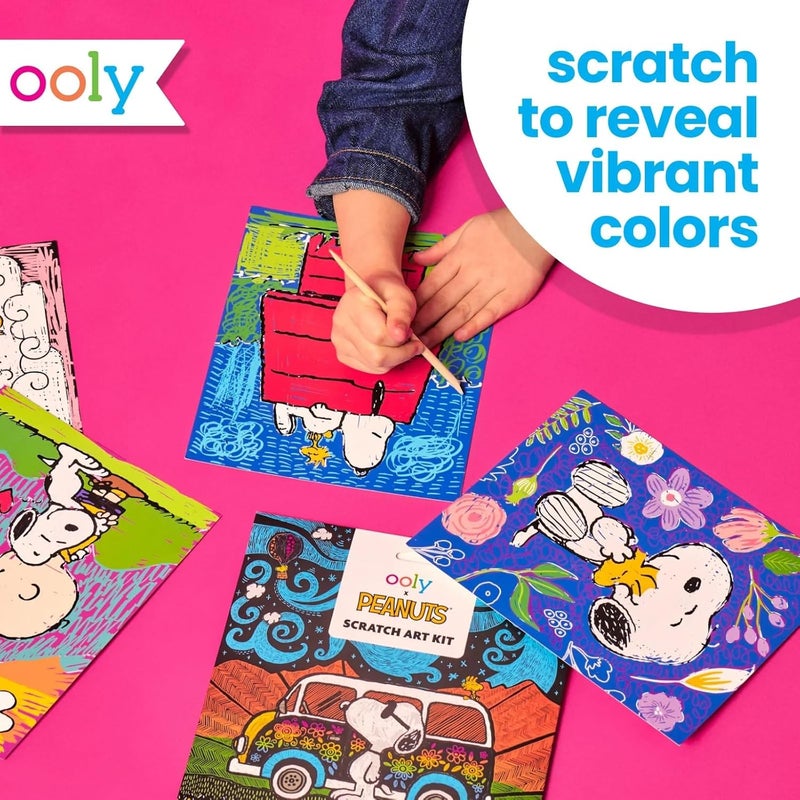 Ooly X Peanuts Scratch Art Kit - 12 Cards Featuring Snoopy, Woodstock and The Gang, Scratch Art Set Gifts for Kids, Travel-Friendly Craft Kit, Scratching Tool Included - Image 2
