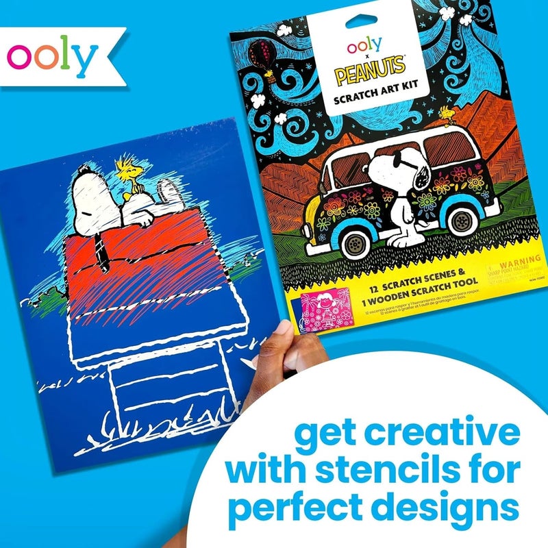 Ooly X Peanuts Scratch Art Kit - 12 Cards Featuring Snoopy, Woodstock and The Gang, Scratch Art Set Gifts for Kids, Travel-Friendly Craft Kit, Scratching Tool Included - Image 4