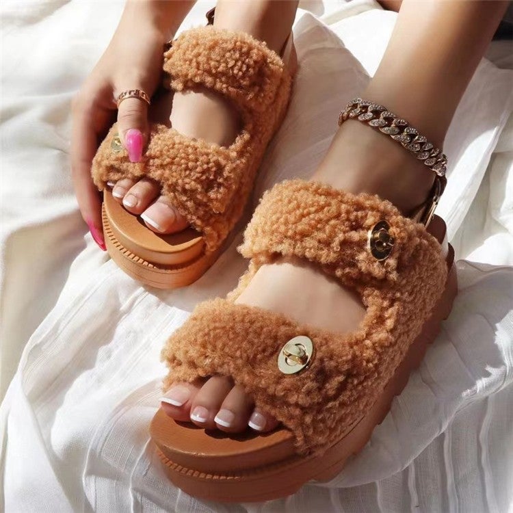 Lamb Wool Thick-Soled Dew Platform Women'S Shoes Plus Size Sandals Baby Girls' Cotton Slippers Direct Supply - Image 1