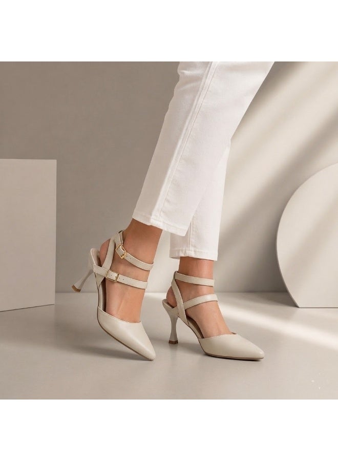 لايف ستيلاش  أحذية كعب جلدية مع إبزيمات أنيقة F-621 - بيج - Image 1