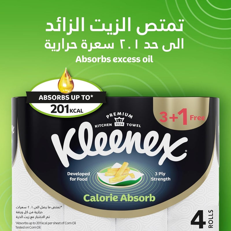 Kleenex , Calorie Absorb Kitchen Paper Towel Roll, Pack of 3+1 Free Roll x 50 Sheets, Food- Grade Kitchen Tissues, Calorie Absorber Towels (Up to 201 KCAL), 3-Ply Strength, Versatile Usage - Image 2