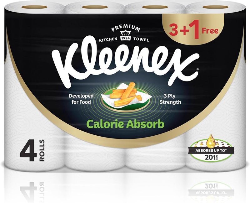 Kleenex , Calorie Absorb Kitchen Paper Towel Roll, Pack of 3+1 Free Roll x 50 Sheets, Food- Grade Kitchen Tissues, Calorie Absorber Towels (Up to 201 KCAL), 3-Ply Strength, Versatile Usage - Image 1