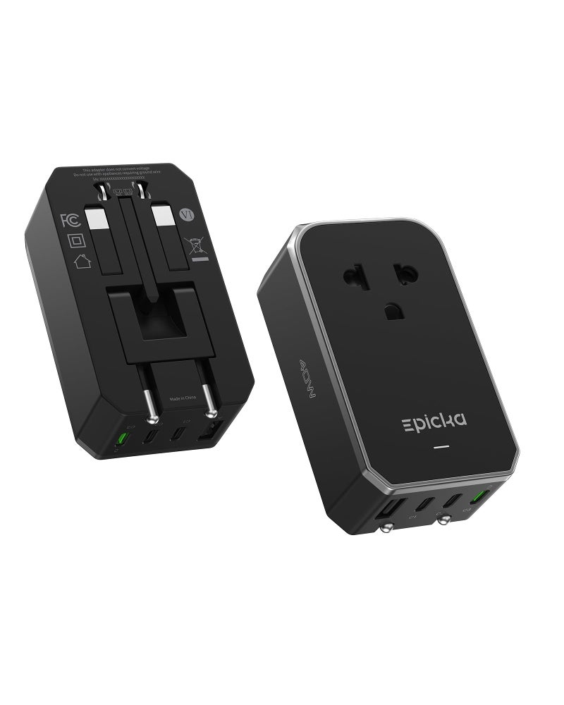 EPICKA Air 40W Universal Travel Adapter, PD Fast Charging International Power Adapter with 1 AC & 4 USB Ports, Worldwide Compact Travel Essentials for USA/EU/UK/AUS(Black, Not a Voltage Converter) - Image 1