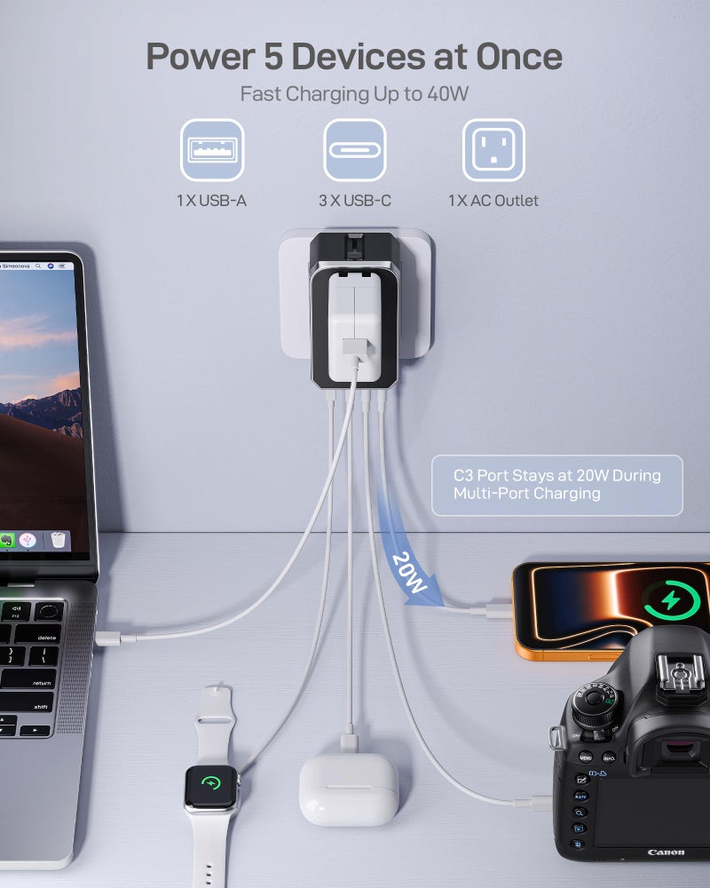 EPICKA Air 40W Universal Travel Adapter, PD Fast Charging International Power Adapter with 1 AC & 4 USB Ports, Worldwide Compact Travel Essentials for USA/EU/UK/AUS(Black, Not a Voltage Converter) - Image 2