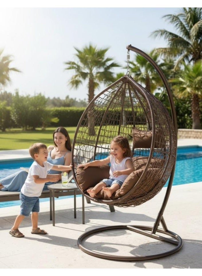 نَدْ مَفْرُوشَات كرسي أرجوحة بيضاوي معلق مع حامل بني - تصميم من الخيزران، وسادة ناعمة وإطار فولاذي قوي للاسترخاء في الأماكن المغلقة/المفتوحة - Image 5