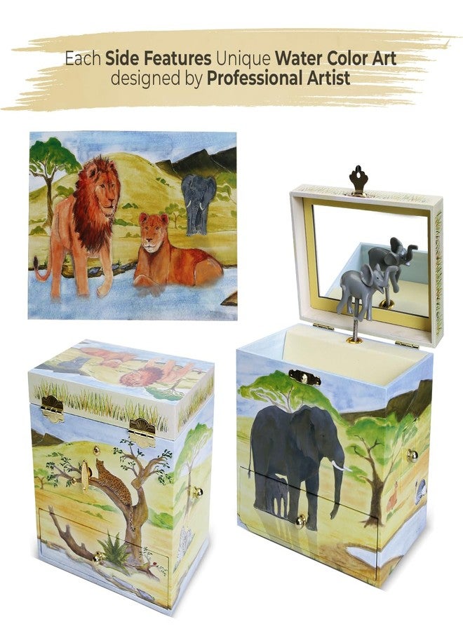 Enchantmints Savanna Musical Jewelry Box Elephant Spins to Baby Elephant Walk 3 Pullout Drawers Treasure Storage - Image 3