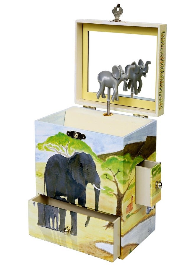 Enchantmints Savanna Musical Jewelry Box Elephant Spins to Baby Elephant Walk 3 Pullout Drawers Treasure Storage - Image 1