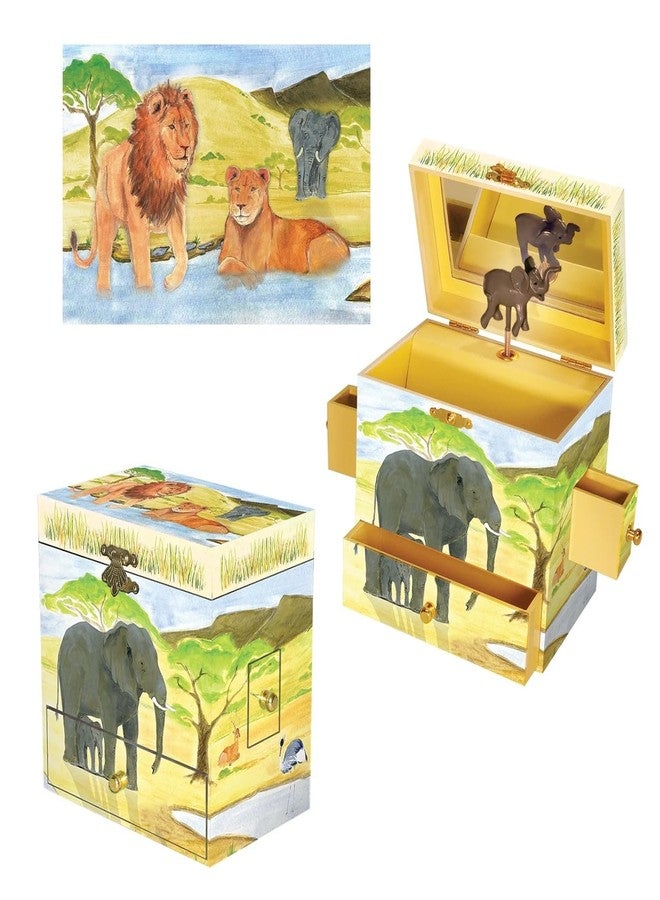 Enchantmints Savanna Musical Jewelry Box Elephant Spins to Baby Elephant Walk 3 Pullout Drawers Treasure Storage - Image 2