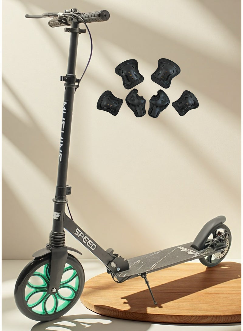 EASY FUTURE Kids Big Wheel Scooter, Height Adjustable & Foldable Kick Scooter with Rear Brake and Handle for 7–14 Years Including Protective Gear Set - Image 1