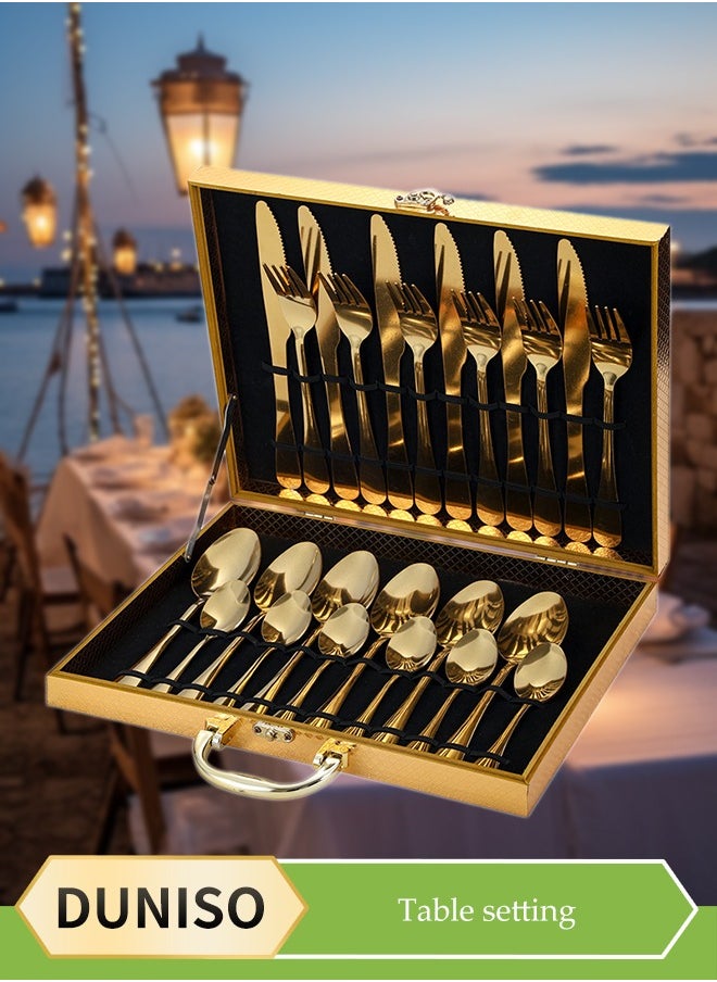 DUNISO 24 Pcs Stainless Steel Cutlery Set, Western style kitchen utensil set, mirror polished tableware set, with knife, fork, spoon and gift box, suitable for family dining, kitchen，gatherings, gold  - Image 1
