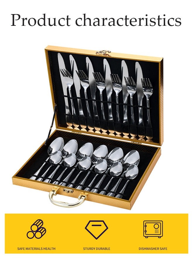 DUNISO طقم أدوات مائدة من الفولاذ المقاوم للصدأ 24 قطعة، طقم أدوات مطبخ على الطراز الغربي، طقم أدوات مائدة مصقول بلمسة مرآة، مع سكين، وشوكة، وملعقة وصندوق هدايا، مناسب لتناول الطعام العائلي، المطبخ، التجمعات، ذهبي - Image 5