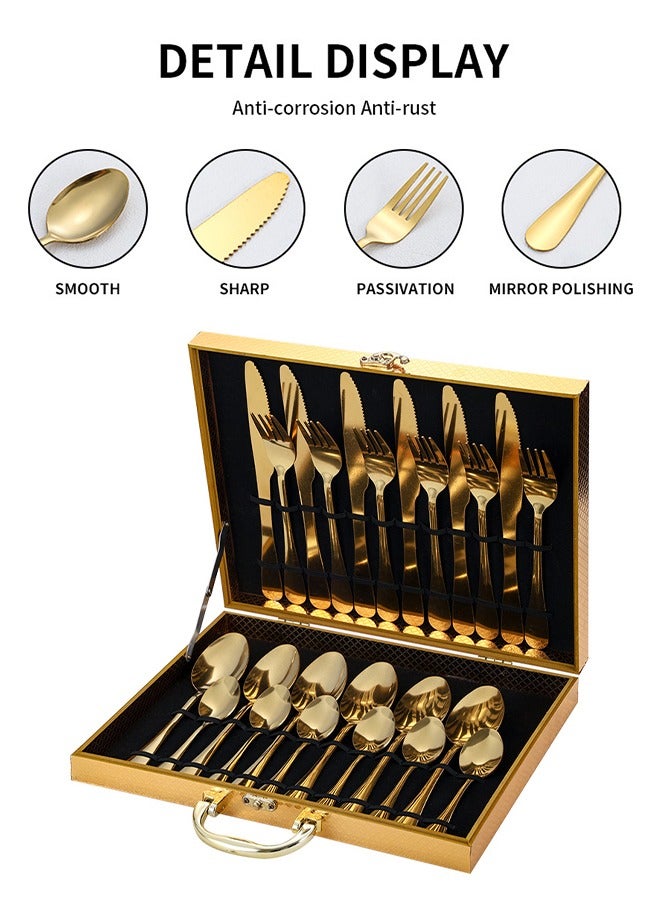 DUNISO طقم أدوات مائدة من الفولاذ المقاوم للصدأ 24 قطعة، طقم أدوات مطبخ على الطراز الغربي، طقم أدوات مائدة مصقول بلمسة مرآة، مع سكين، وشوكة، وملعقة وصندوق هدايا، مناسب لتناول الطعام العائلي، المطبخ، التجمعات، ذهبي - Image 4
