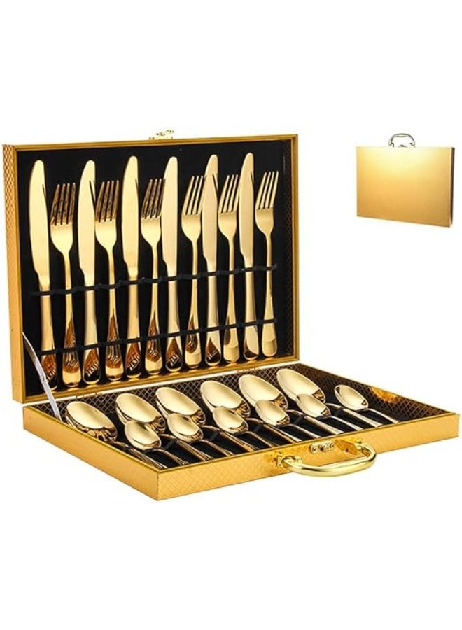 DUNISO طقم أدوات مائدة من الفولاذ المقاوم للصدأ 24 قطعة، طقم أدوات مطبخ على الطراز الغربي، طقم أدوات مائدة مصقول بلمسة مرآة، مع سكين، وشوكة، وملعقة وصندوق هدايا، مناسب لتناول الطعام العائلي، المطبخ، التجمعات، ذهبي - Image 1