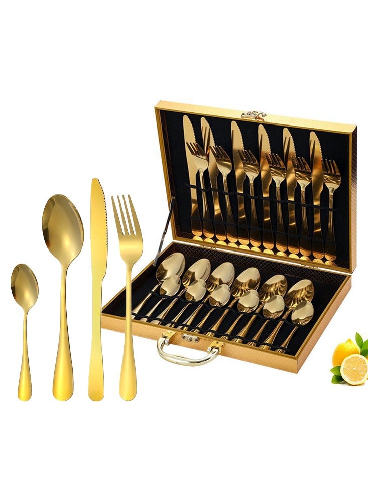 DUNISO طقم أدوات مائدة من الفولاذ المقاوم للصدأ 24 قطعة، طقم أدوات مطبخ على الطراز الغربي، طقم أدوات مائدة مصقول بلمسة مرآة، مع سكين، وشوكة، وملعقة وصندوق هدايا، مناسب لتناول الطعام العائلي، المطبخ، التجمعات، ذهبي - Image 2