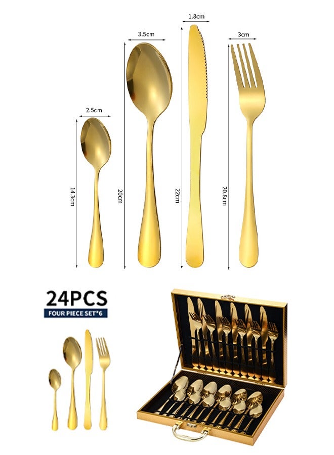 DUNISO طقم أدوات مائدة من الفولاذ المقاوم للصدأ 24 قطعة، طقم أدوات مطبخ على الطراز الغربي، طقم أدوات مائدة مصقول بلمسة مرآة، مع سكين، وشوكة، وملعقة وصندوق هدايا، مناسب لتناول الطعام العائلي، المطبخ، التجمعات، ذهبي - Image 3