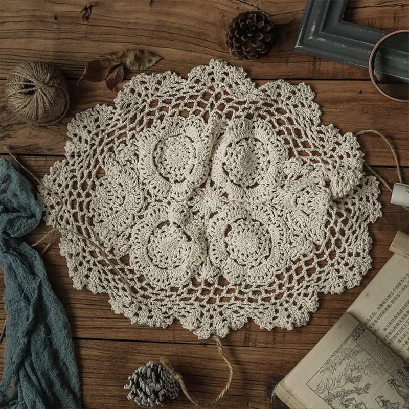 RHVQ 4Pcs Handmade Cotton Crochet Doilies 12"x18", Oval Boho Lace Table Placemats Vintage Furniture Cloth Cover Room Decor, Floral Dollies for Tables Dresser Nightstand, Beige - Image 5