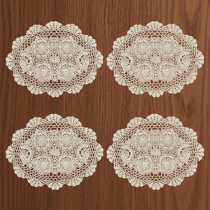 RHVQ 4Pcs Handmade Cotton Crochet Doilies 12"x18", Oval Boho Lace Table Placemats Vintage Furniture Cloth Cover Room Decor, Floral Dollies for Tables Dresser Nightstand, Beige - Image 1
