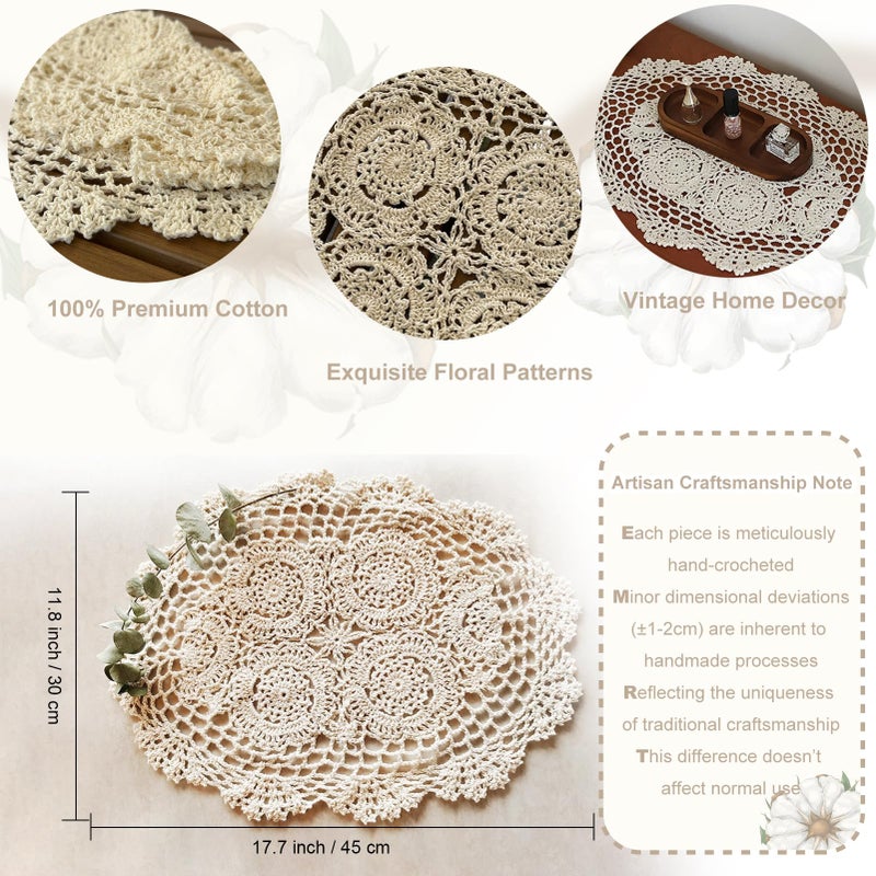 RHVQ 4Pcs Handmade Cotton Crochet Doilies 12"x18", Oval Boho Lace Table Placemats Vintage Furniture Cloth Cover Room Decor, Floral Dollies for Tables Dresser Nightstand, Beige - Image 2