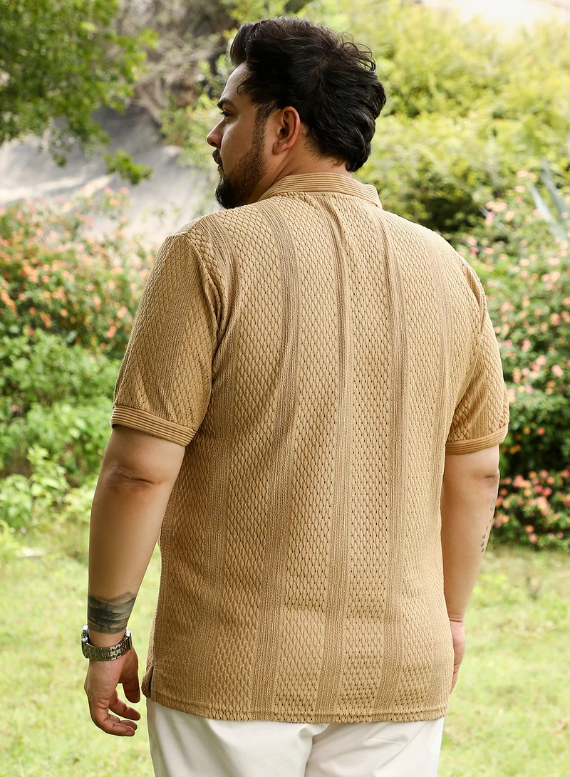 Instafab Plus Instafab Plus Men Marquise-Panel Jacquard Polo T-Shirt | Jacquard Polo Neck , Short Jacquard Cuff Sleeves | Half-Button Closure , Straight Hem | Jacquard Knit Fabric For Casual & Daily Wear | Beige