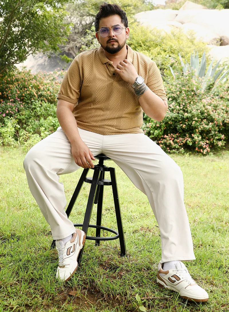 Instafab Plus Instafab Plus Men Marquise-Panel Jacquard Polo T-Shirt | Jacquard Polo Neck , Short Jacquard Cuff Sleeves | Half-Button Closure , Straight Hem | Jacquard Knit Fabric For Casual & Daily Wear | Beige