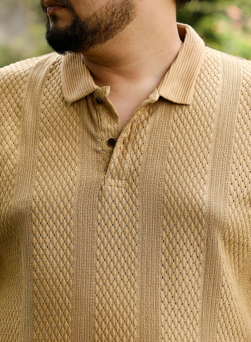 Instafab Plus Instafab Plus Men Marquise-Panel Jacquard Polo T-Shirt | Jacquard Polo Neck , Short Jacquard Cuff Sleeves | Half-Button Closure , Straight Hem | Jacquard Knit Fabric For Casual & Daily Wear | Beige