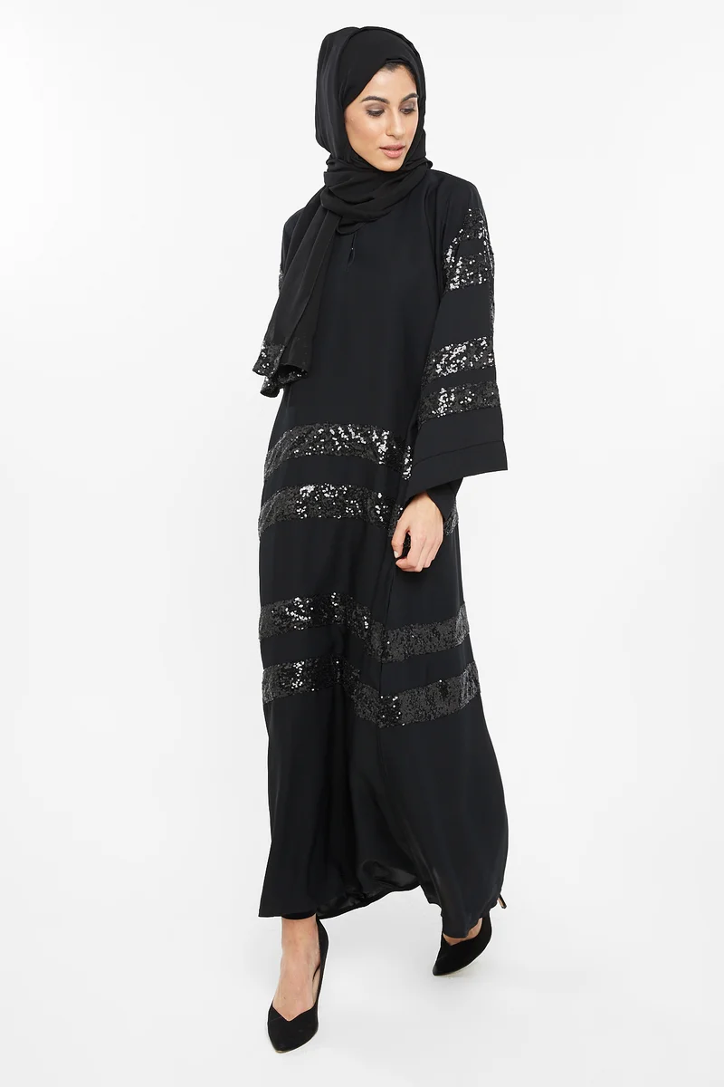 النخبة A retro style abaya with black sequin stripe detailing perfect to compliment your style statement-AJ144A