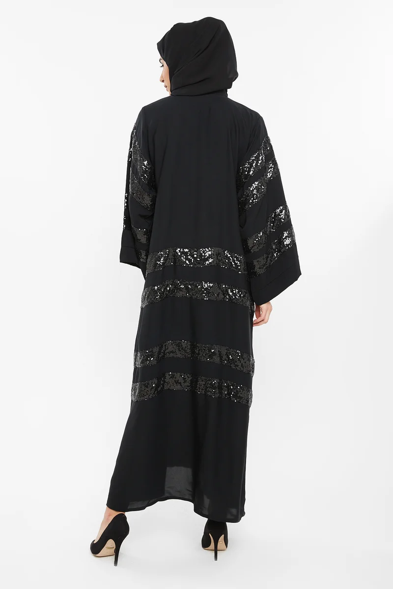 النخبة A retro style abaya with black sequin stripe detailing perfect to compliment your style statement-AJ144A
