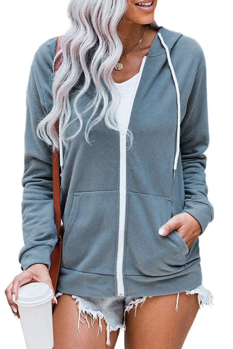 WROLEM Women Casual Zip Up Hoodie Lightweight Comfy Loose Long Sleeve Sweatshirt Solid Color With Pockets Medium Grey - Image 1
