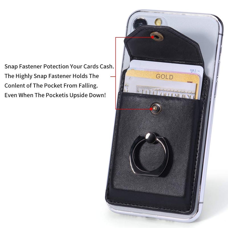 YUNCE Ring Stand Stick on Wallet Cell Phone Slim Leather Wallet Stick on Wallet Credit Card RFID Blocking Sleeve Black - Image 4