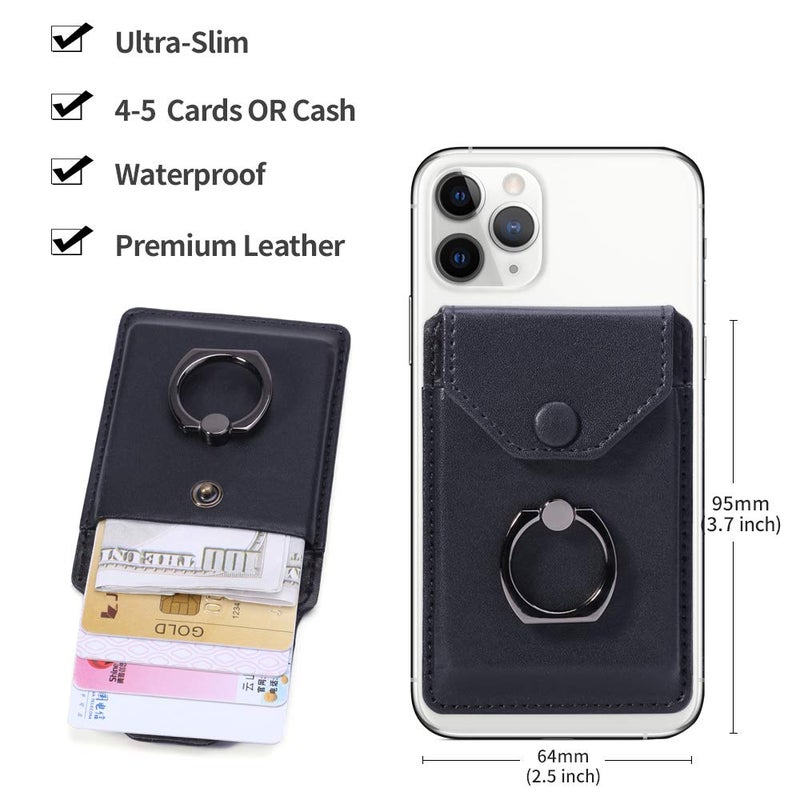 YUNCE Ring Stand Stick on Wallet Cell Phone Slim Leather Wallet Stick on Wallet Credit Card RFID Blocking Sleeve Black - Image 3