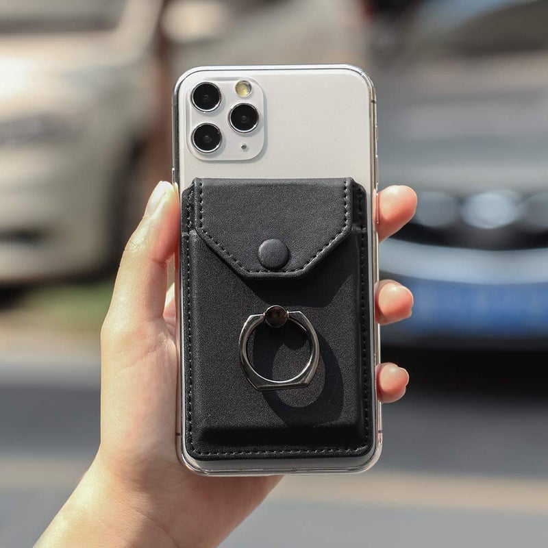 YUNCE Ring Stand Stick on Wallet Cell Phone Slim Leather Wallet Stick on Wallet Credit Card RFID Blocking Sleeve Black - Image 2