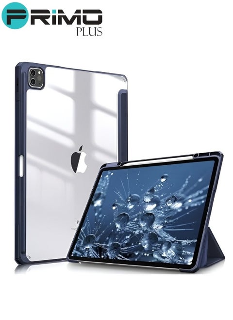 Protective Case Cover For Apple iPad 12.9 inch (2021/2020) Generation with Pencil Holder, Supports Apple Pencil Charging and Touch ID, Clear Transparent Case with Auto Wake/Sleep, Blue