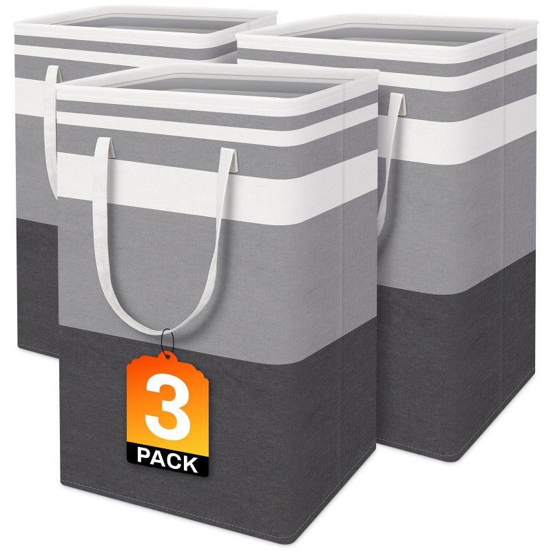BlissTotes 3-Pack Laundry Basket, Freestandingï¼†Waterproof Laundry Hamper, Collapsible Tall Clothes Hamper with Easy Carry Handles for Clothes, Towels in the Family and Dorm,Gradient Grey,75L - Image 1