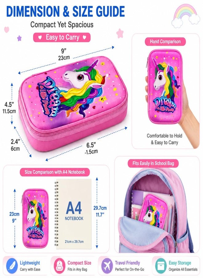 Krujyam Unicorn Pencil Box for Girls | Cute Rainbow Hardtop Pen Case with Large Storage Capacity for School Stationery, Art Supplies & Travel (Pink) - Image 2