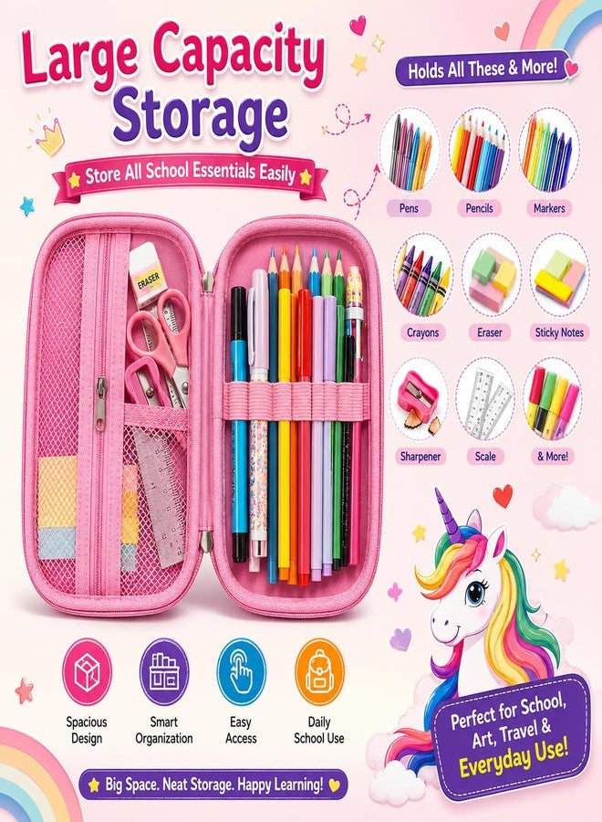 Krujyam Unicorn Pencil Box for Girls | Cute Rainbow Hardtop Pen Case with Large Storage Capacity for School Stationery, Art Supplies & Travel (Pink) - Image 3