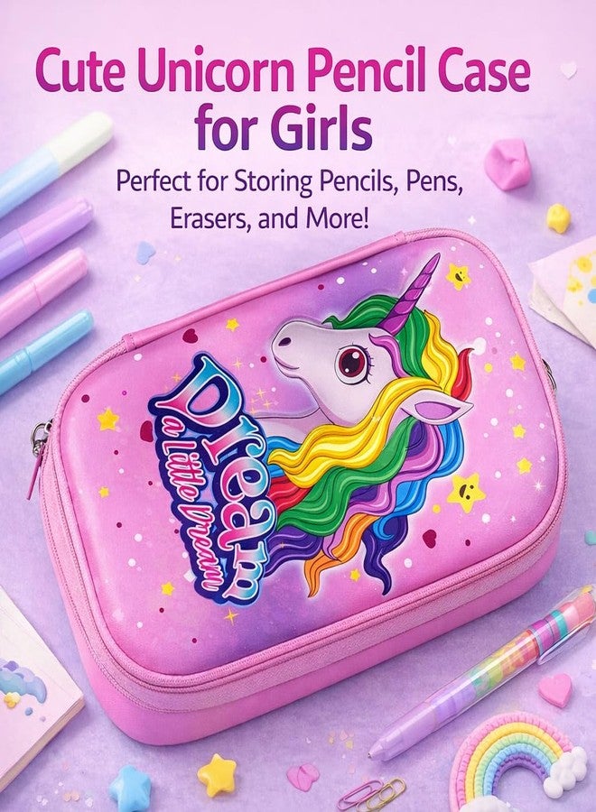 Krujyam Unicorn Pencil Box for Girls | Cute Rainbow Hardtop Pen Case with Large Storage Capacity for School Stationery, Art Supplies & Travel (Pink) - Image 4