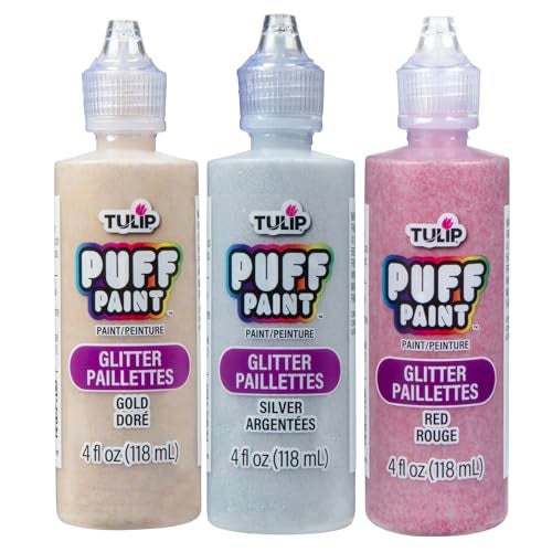 Tulip Puff Fabric Paint, Permanent Craft Paint for Clothes, DIY Projects, Notoxic, 4 fl oz 3-Pack, Festive Glitter Variety Pack - Gold, Silver, Red - Image 1