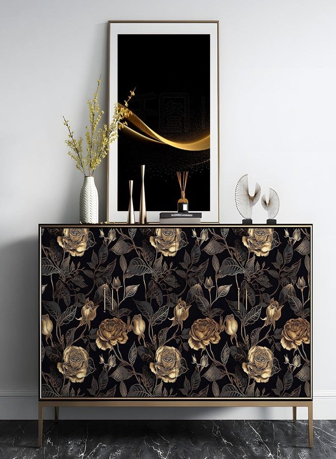 ReWallpaper ورق جدران ReWallpaper أسود وذهبي قابل للتقشير واللصق، ديكور فني، ورق جدران زهري داكن للحمام، ورق جدران أسود وذهبي مقاوم للماء، ورق جدران عتيق وردي، ورق اتصال زهري مودي للخزائن، 17.5 بوصة × 10 أقدام - Image 3