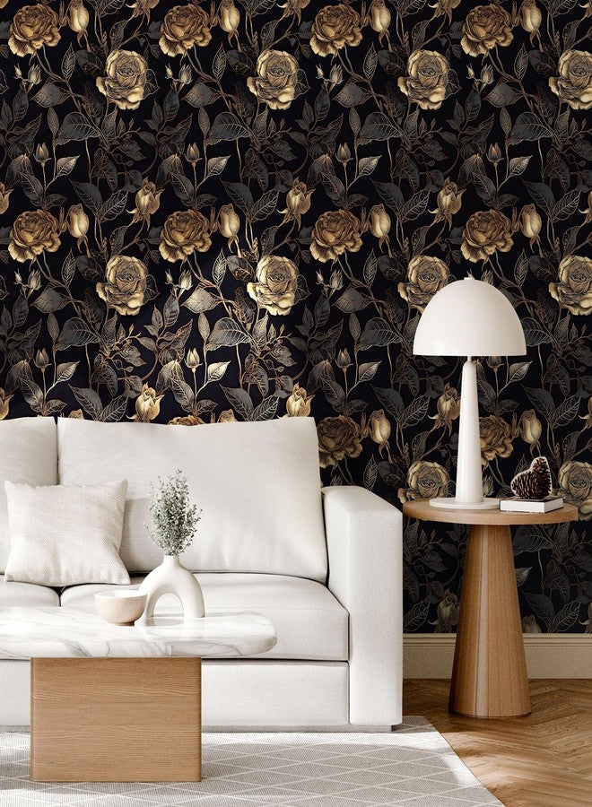 ReWallpaper ورق جدران ReWallpaper أسود وذهبي قابل للتقشير واللصق، ديكور فني، ورق جدران زهري داكن للحمام، ورق جدران أسود وذهبي مقاوم للماء، ورق جدران عتيق وردي، ورق اتصال زهري مودي للخزائن، 17.5 بوصة × 10 أقدام - Image 4